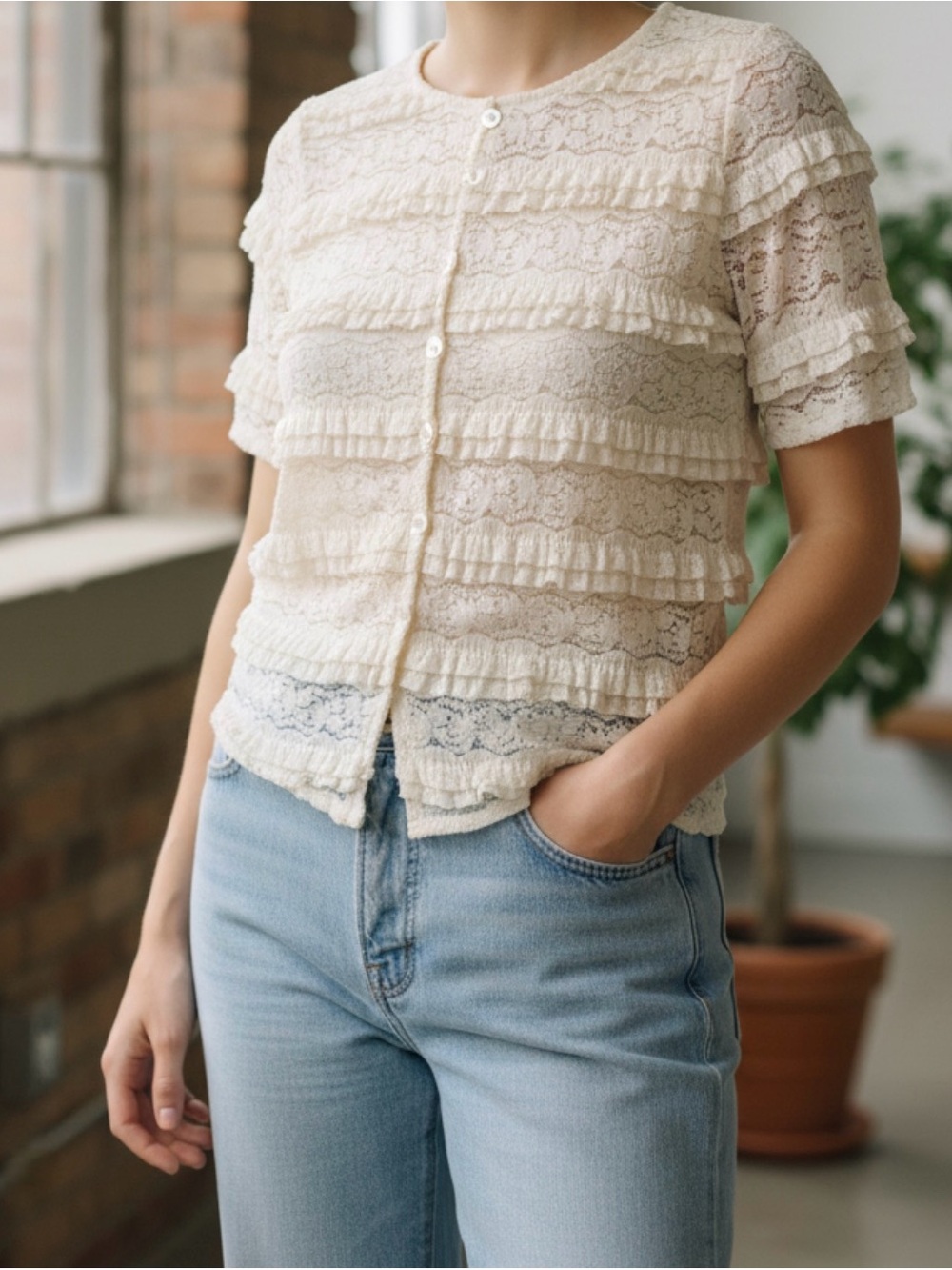 Ivory Lace Ruffled Button-Front Top - Picture 5 of 5